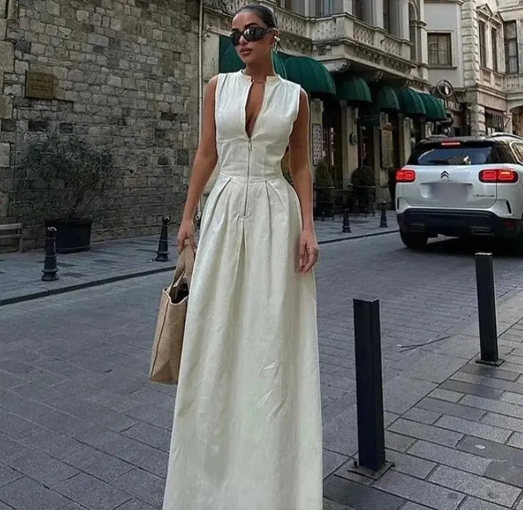 Sleeveless V-neck zipper neck long dress - Blade & Thread
