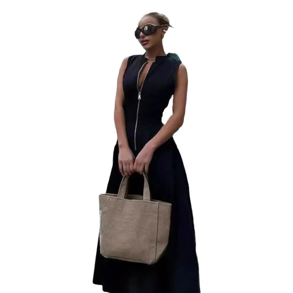 Sleeveless V-neck zipper neck long dress - Blade & Thread