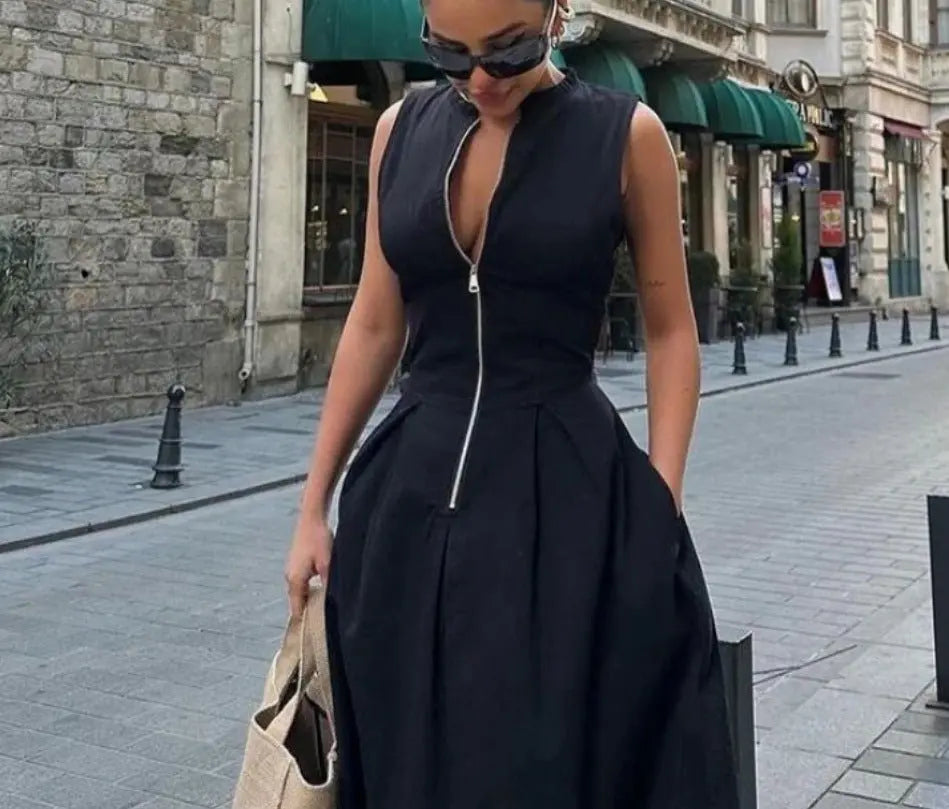 Sleeveless V-neck zipper neck long dress - Blade & Thread