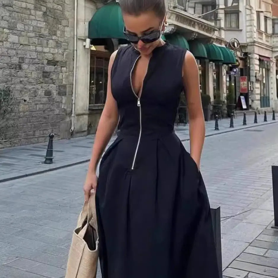 Sleeveless V-neck zipper neck long dress - Blade & Thread