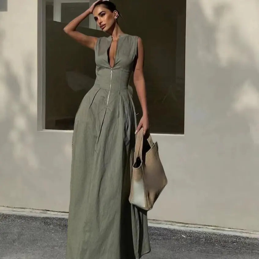Sleeveless V-neck zipper neck long dress - Blade & Thread
