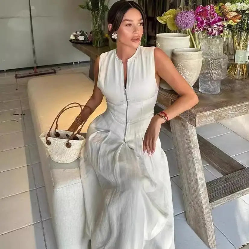 Sleeveless V-neck zipper neck long dress - Blade & Thread