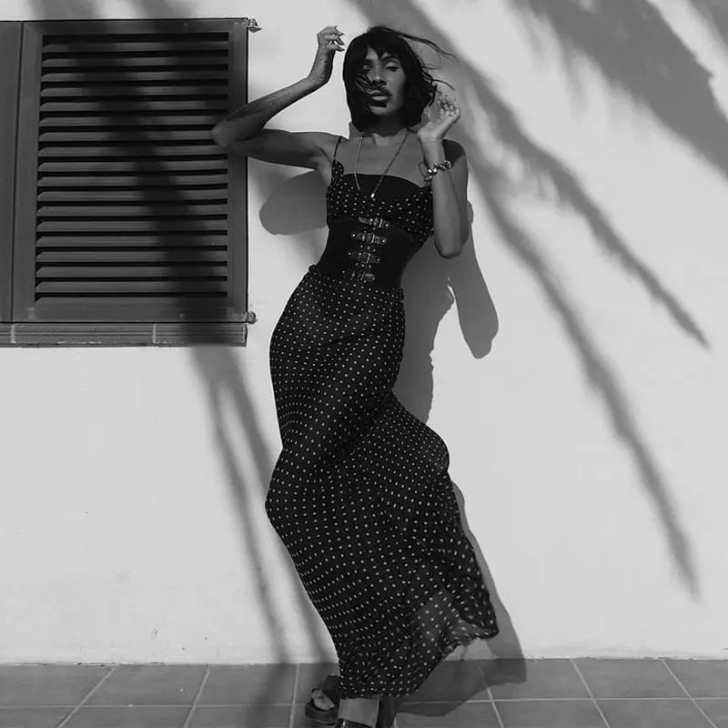 Sleeveless Zip Up Bandage Point Print Mesh See-Through Maxi Dress Sexy Clothings - Blade & Thread