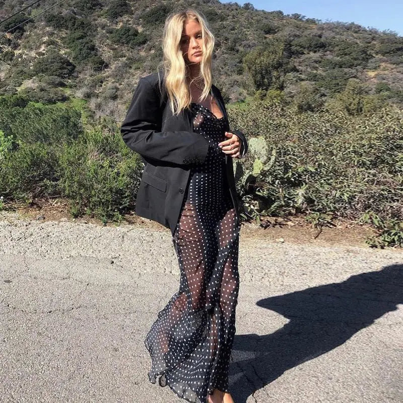 Sleeveless Zip Up Bandage Point Print Mesh See-Through Maxi Dress Sexy Clothings - Blade & Thread