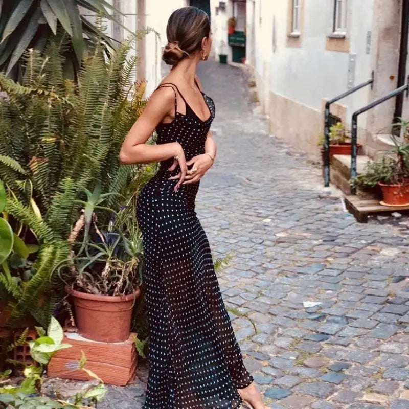 Sleeveless Zip Up Bandage Point Print Mesh See-Through Maxi Dress Sexy Clothings - Blade & Thread