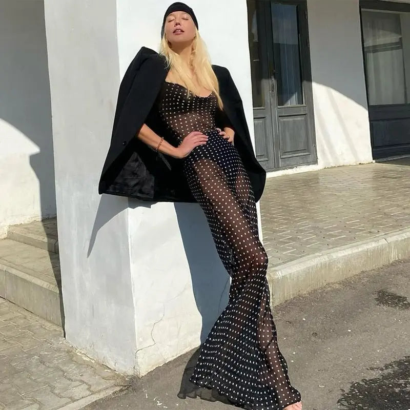 Sleeveless Zip Up Bandage Point Print Mesh See-Through Maxi Dress Sexy Clothings - Blade & Thread