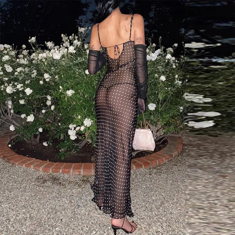Sleeveless Zip Up Bandage Point Print Mesh See-Through Maxi Dress Sexy Clothings - Blade & Thread