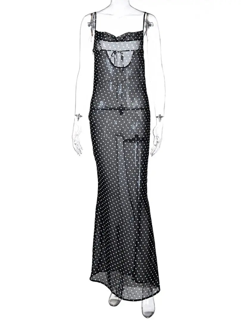 Sleeveless Zip Up Bandage Point Print Mesh See-Through Maxi Dress Sexy Clothings - Blade & Thread