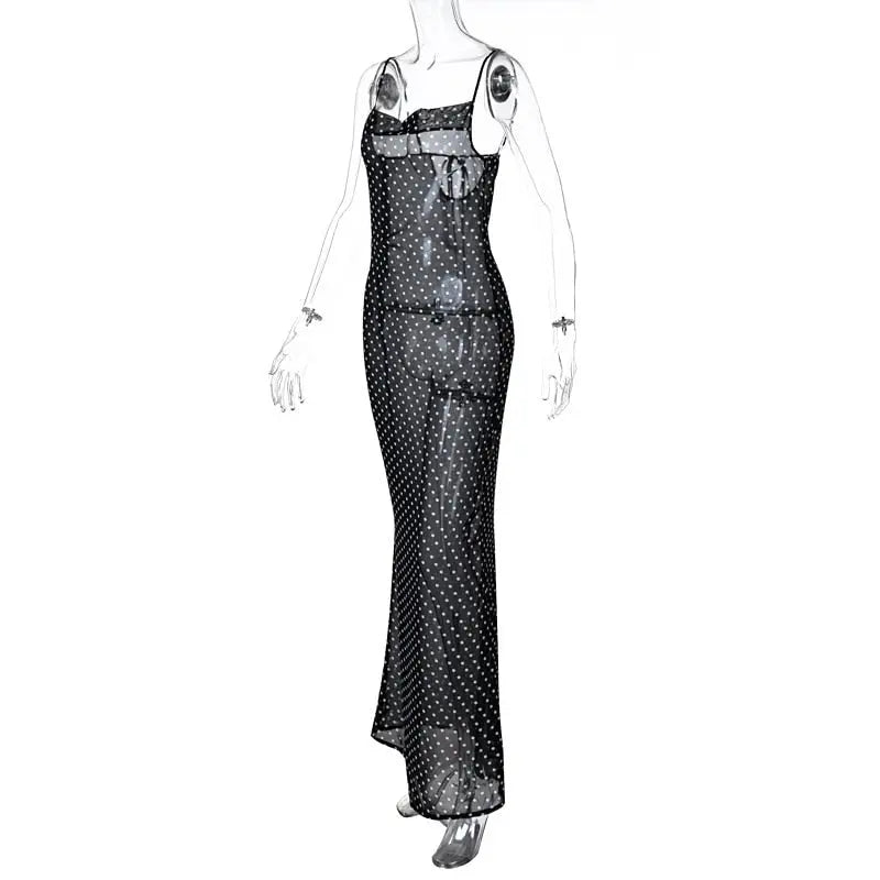 Sleeveless Zip Up Bandage Point Print Mesh See-Through Maxi Dress Sexy Clothings - Blade & Thread