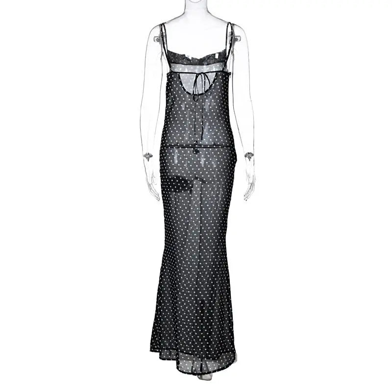 Sleeveless Zip Up Bandage Point Print Mesh See-Through Maxi Dress Sexy Clothings - Blade & Thread