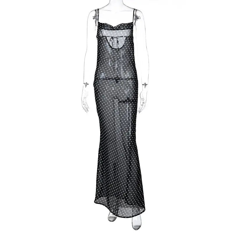 Sleeveless Zip Up Bandage Point Print Mesh See-Through Maxi Dress Sexy Clothings - Blade & Thread