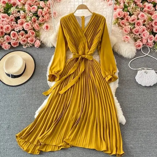 Slim Dress Elegant A Line V Neck Puff Sleeve Chiffon Pullover Mid-Calf Dresses - Blade & Thread