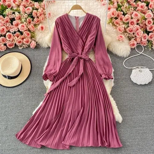 Slim Dress Elegant A Line V Neck Puff Sleeve Chiffon Pullover Mid-Calf Dresses - Blade & Thread