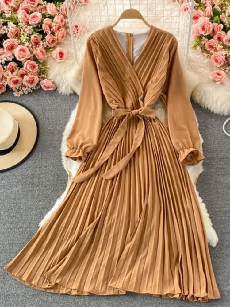 Slim Dress Elegant A Line V Neck Puff Sleeve Chiffon Pullover Mid-Calf Dresses - Blade & Thread