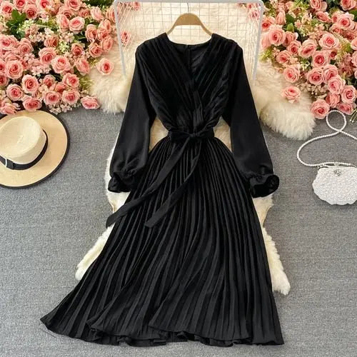 Slim Dress Elegant A Line V Neck Puff Sleeve Chiffon Pullover Mid-Calf Dresses - Blade & Thread