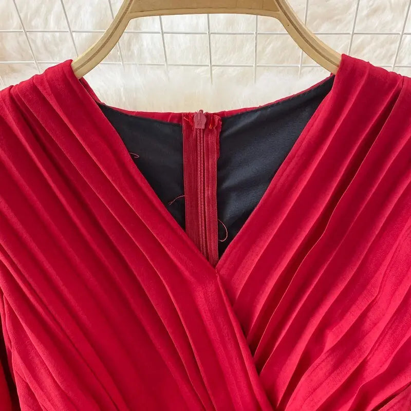 Slim Dress Elegant A Line V Neck Puff Sleeve Chiffon Pullover Mid-Calf Dresses - Blade & Thread