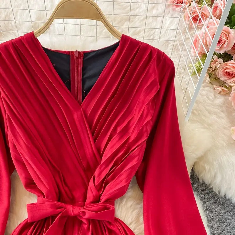 Slim Dress Elegant A Line V Neck Puff Sleeve Chiffon Pullover Mid-Calf Dresses - Blade & Thread