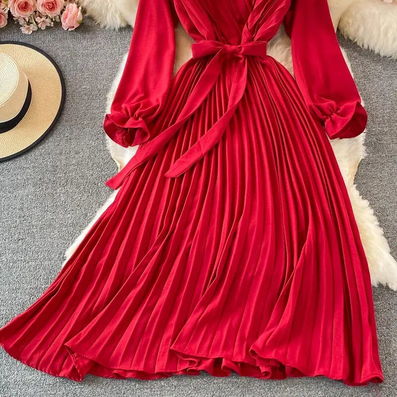Slim Dress Elegant A Line V Neck Puff Sleeve Chiffon Pullover Mid-Calf Dresses - Blade & Thread