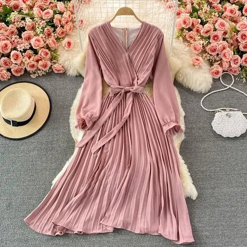 Slim Dress Elegant A Line V Neck Puff Sleeve Chiffon Pullover Mid-Calf Dresses - Blade & Thread