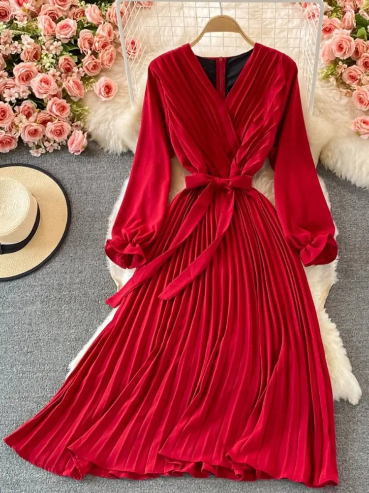 Slim Dress Elegant A Line V Neck Puff Sleeve Chiffon Pullover Mid-Calf Dresses - Blade & Thread
