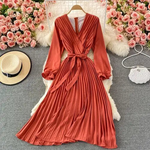 Slim Dress Elegant A Line V Neck Puff Sleeve Chiffon Pullover Mid-Calf Dresses - Blade & Thread