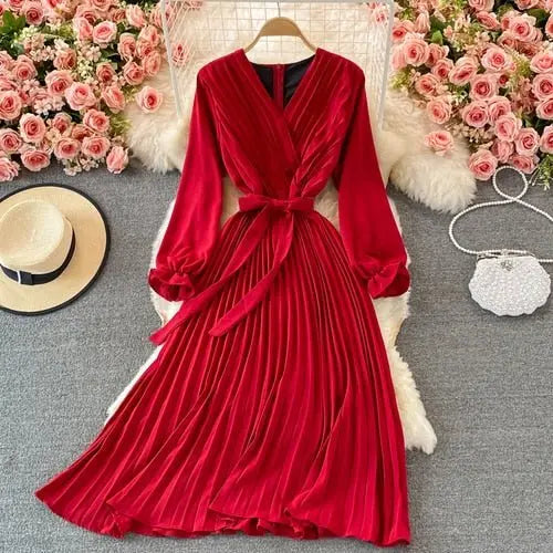 Slim Dress Elegant A Line V Neck Puff Sleeve Chiffon Pullover Mid-Calf Dresses - Blade & Thread