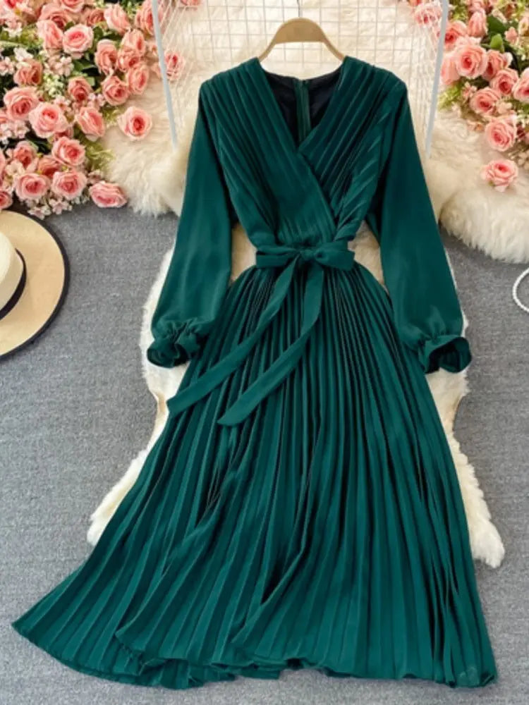 Slim Dress Elegant A Line V Neck Puff Sleeve Chiffon Pullover Mid-Calf Dresses - Blade & Thread