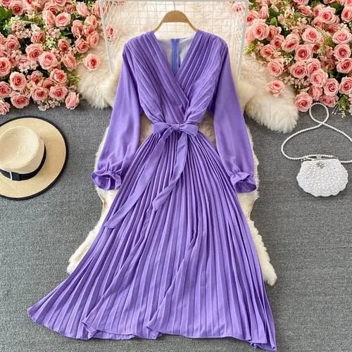 Slim Dress Elegant A Line V Neck Puff Sleeve Chiffon Pullover Mid-Calf Dresses - Blade & Thread