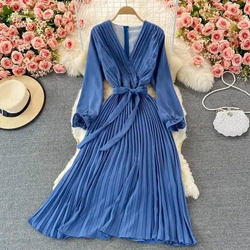 Slim Dress Elegant A Line V Neck Puff Sleeve Chiffon Pullover Mid-Calf Dresses - Blade & Thread
