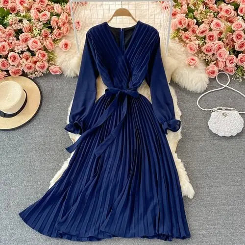Slim Dress Elegant A Line V Neck Puff Sleeve Chiffon Pullover Mid-Calf Dresses - Blade & Thread