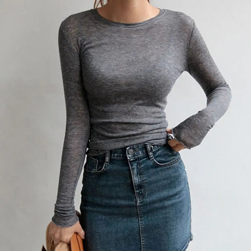 Slim T Shirt Women Cotton T-shirts Female Casual Tops Long Sleeve Sexy Thin T-shirt see through - Blade & Thread