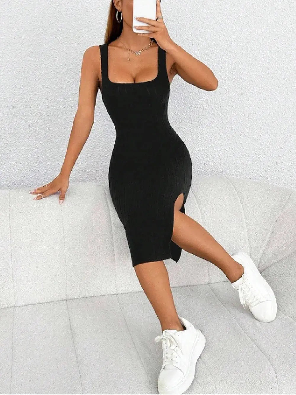 slit dress solid color sling slim dress - Blade & Thread