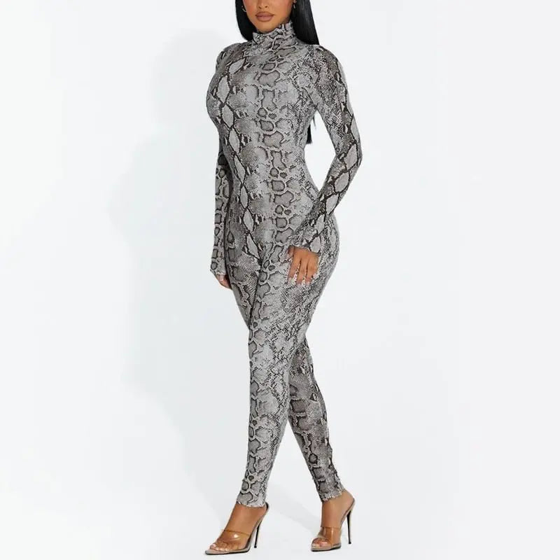 Snake Print Turtleneck Long Sleeve Zip Up Sexy Bodycon Jumpsuit Streetwear - Blade & Thread