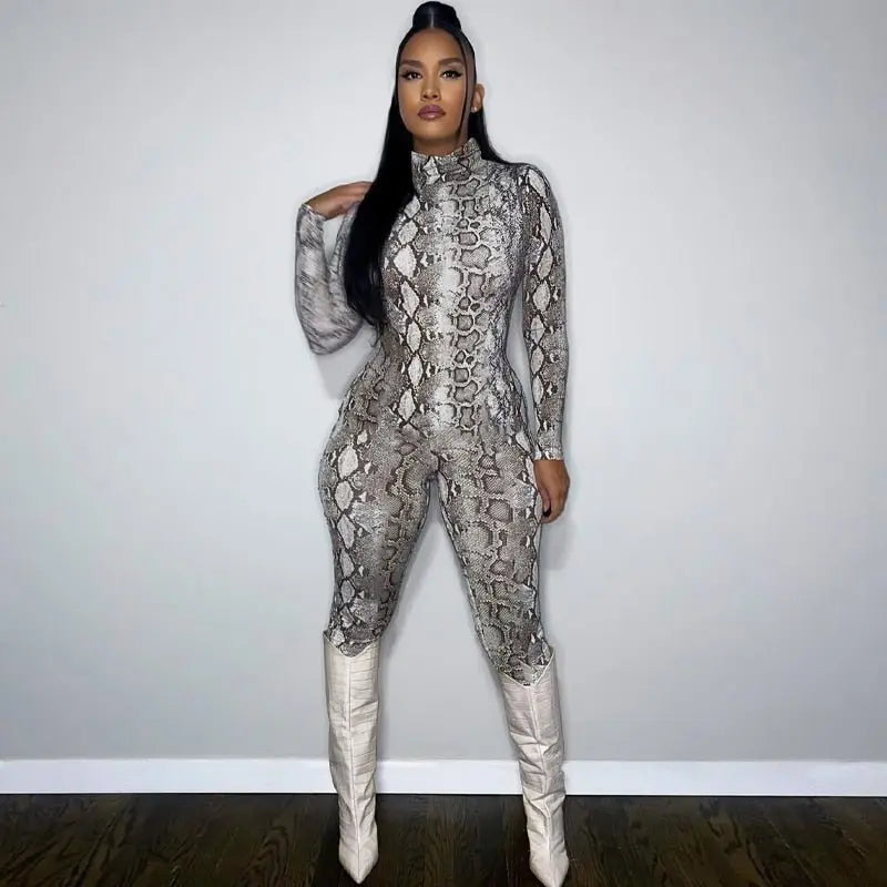 Snake Print Turtleneck Long Sleeve Zip Up Sexy Bodycon Jumpsuit Streetwear - Blade & Thread