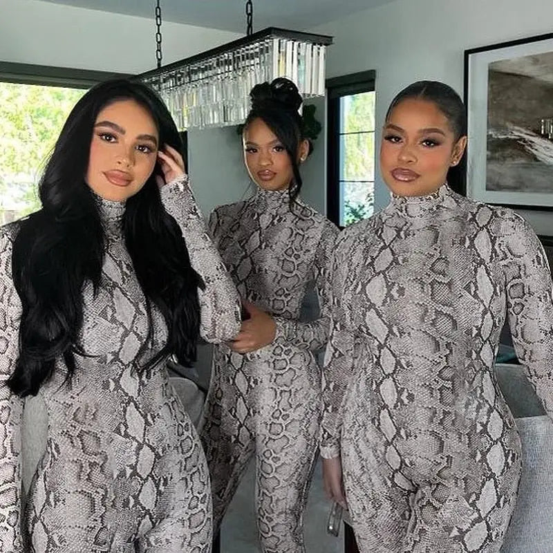 Snake Print Turtleneck Long Sleeve Zip Up Sexy Bodycon Jumpsuit Streetwear - Blade & Thread
