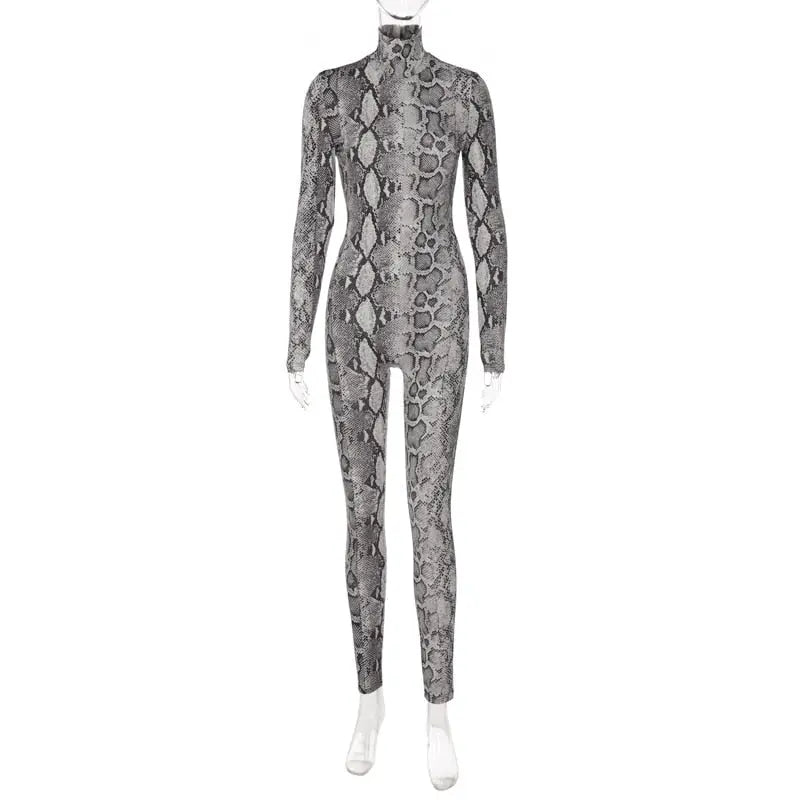 Snake Print Turtleneck Long Sleeve Zip Up Sexy Bodycon Jumpsuit Streetwear - Blade & Thread
