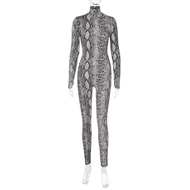 Snake Print Turtleneck Long Sleeve Zip Up Sexy Bodycon Jumpsuit Streetwear - Blade & Thread