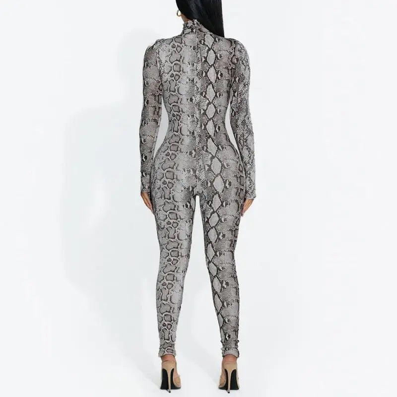 Snake Print Turtleneck Long Sleeve Zip Up Sexy Bodycon Jumpsuit Streetwear - Blade & Thread