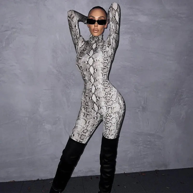 Snake Print Turtleneck Long Sleeve Zip Up Sexy Bodycon Jumpsuit Streetwear - Blade & Thread