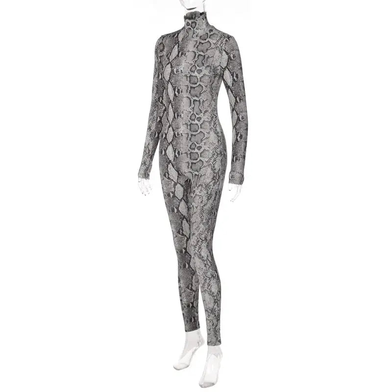 Snake Print Turtleneck Long Sleeve Zip Up Sexy Bodycon Jumpsuit Streetwear - Blade & Thread