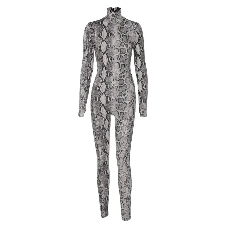 Snake Print Turtleneck Long Sleeve Zip Up Sexy Bodycon Jumpsuit Streetwear - Blade & Thread