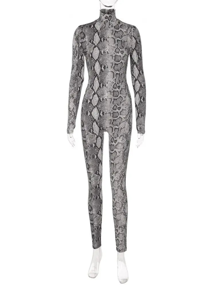 Snake Print Turtleneck Long Sleeve Zip Up Sexy Bodycon Jumpsuit Streetwear - Blade & Thread