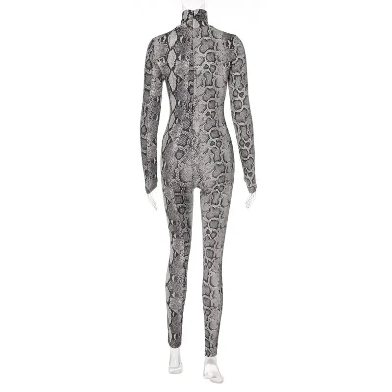 Snake Print Turtleneck Long Sleeve Zip Up Sexy Bodycon Jumpsuit Streetwear - Blade & Thread