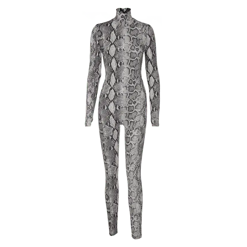 Snake Print Turtleneck Long Sleeve Zip Up Sexy Bodycon Jumpsuit Streetwear - Blade & Thread