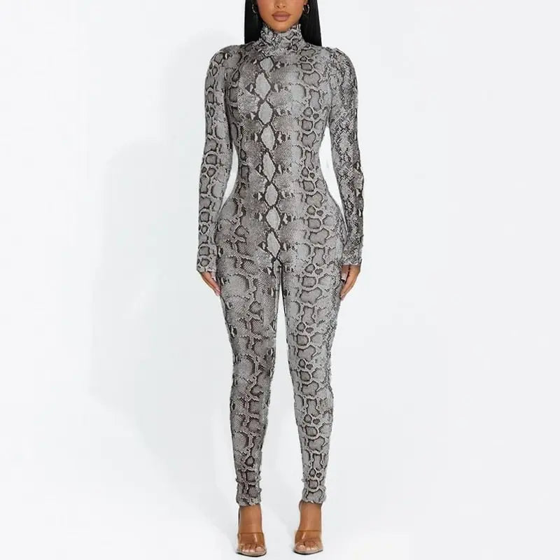 Snake Print Turtleneck Long Sleeve Zip Up Sexy Bodycon Jumpsuit Streetwear - Blade & Thread