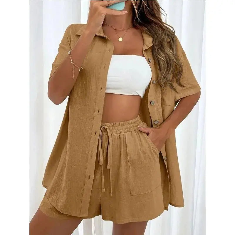 Solid Color Casual Loose Short Pants Sets For Women - Blade & Thread