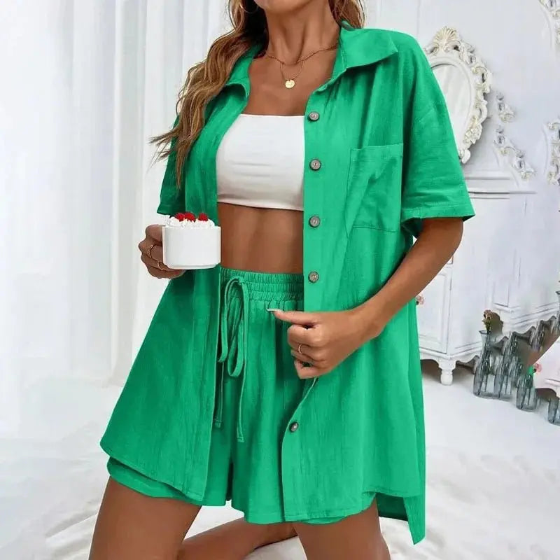 Solid Color Casual Loose Short Pants Sets For Women - Blade & Thread