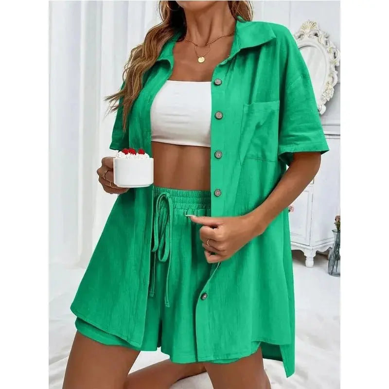 Solid Color Casual Loose Short Pants Sets For Women - Blade & Thread