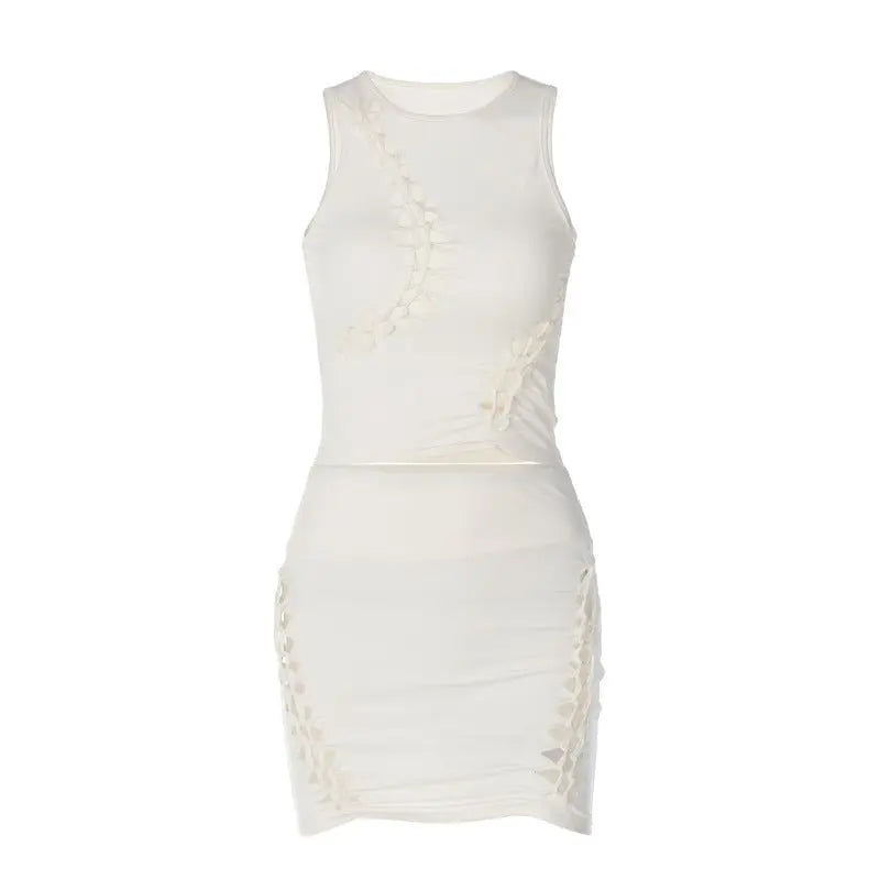 Solid Color Hollow Round Neck Sleeveless Top Slim Skirt Set - Blade & Thread