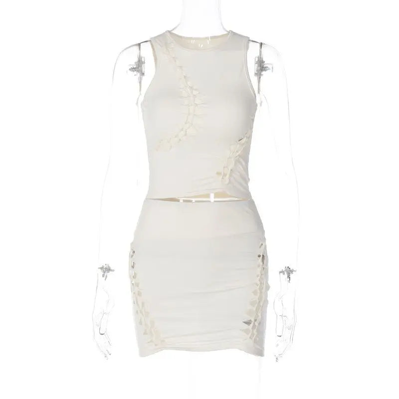 Solid Color Hollow Round Neck Sleeveless Top Slim Skirt Set - Blade & Thread